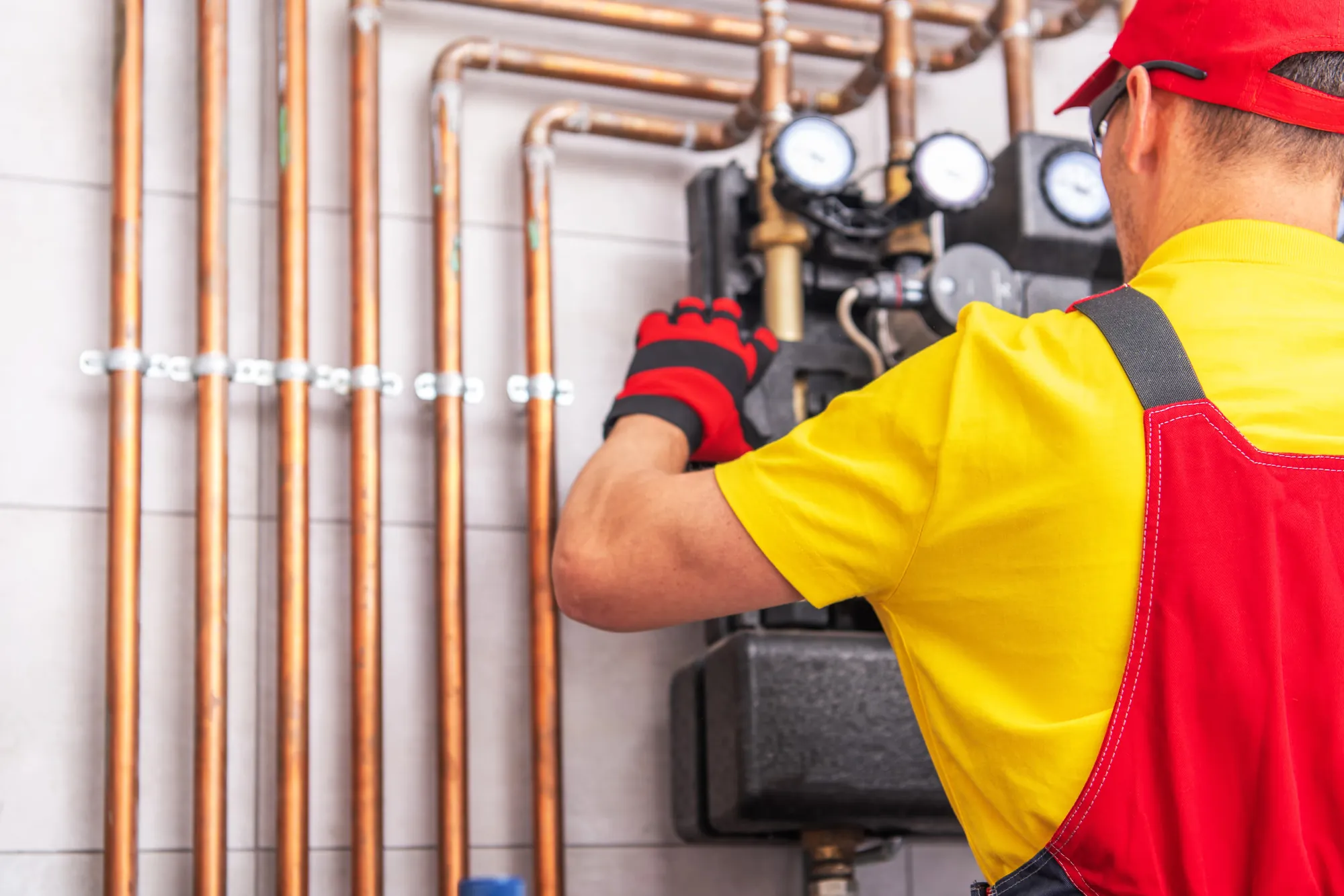 Technician in work gear checking gauges at a manifold with copper refrigerant lines