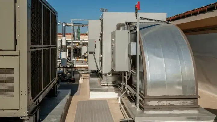 Rooftop units and duct runs on a commercial building