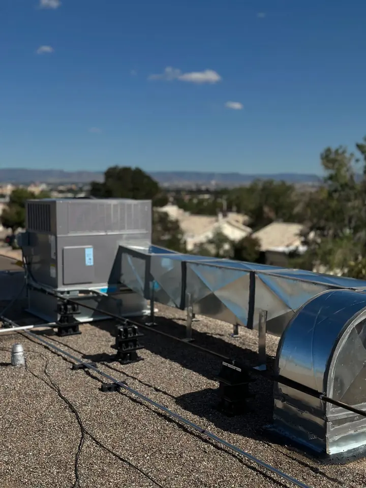 Rooftop unit and duct run overlooking the valley